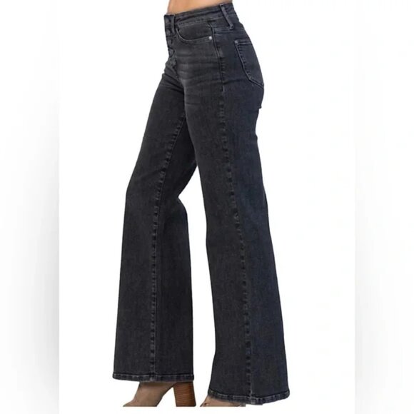 Judy Blue Women’s Button‎ Fly High Rise Wide Leg Black Denim Jeans Size 7/28 - Picture 3 of 14